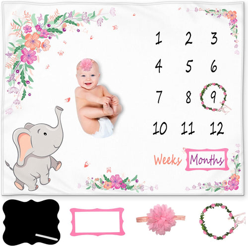 Baby Girl Floral Elephant Milestone Blanket - Includes Wreath, Headband, Personalized Board, 50x40