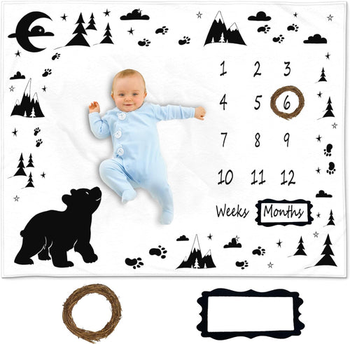 Woodland Bear Baby Milestone Blanket - Includes Adorable Bear Frame, Perfect for Woodland Themed Nurseries