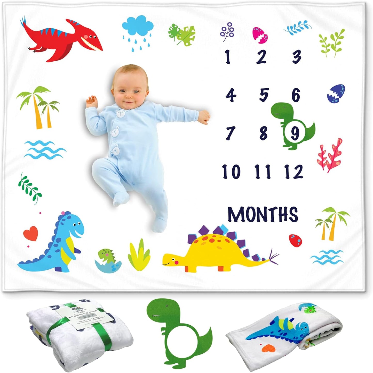 Dinosaur-Themed Baby Milestone Blanket - Includes Markers, 50x40, Perfect for Both Boys and Girls