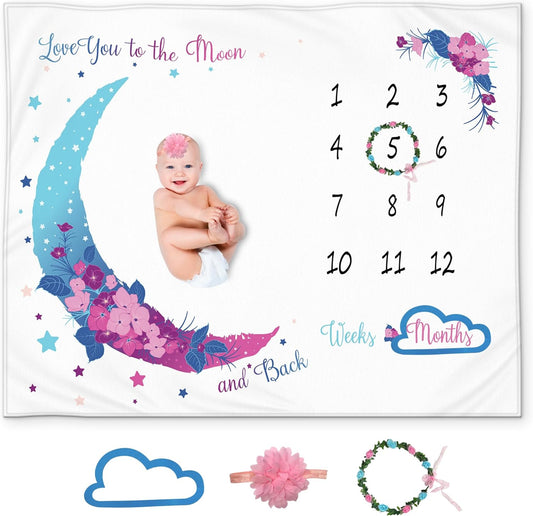 Floral Moon Baby Milestone Blanket - 50x40, Perfectly crafted with a delicate moon and floral design, ideal for baby girl’s nursery