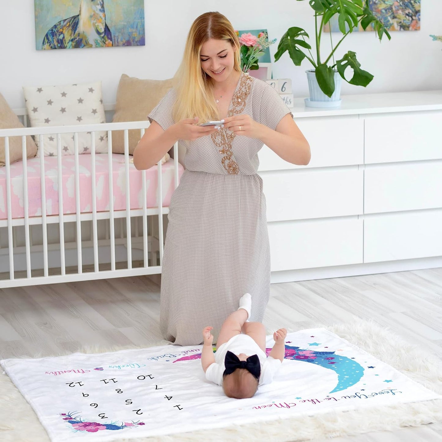 Floral Moon Baby Milestone Blanket - 50x40, Perfectly crafted with a delicate moon and floral design, ideal for baby girl’s nursery