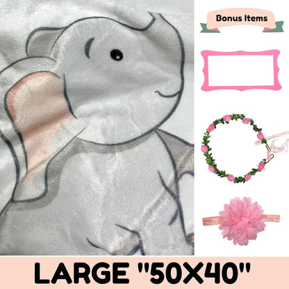 Baby Girl Floral Elephant Milestone Blanket - Includes Wreath, Headband, Personalized Board, 50x40