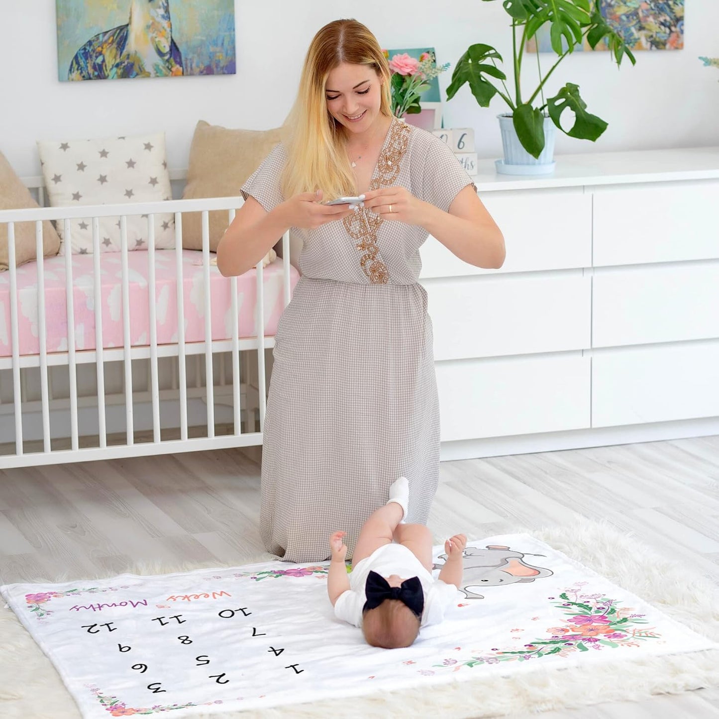 Baby Girl Floral Elephant Milestone Blanket - Includes Wreath, Headband, Personalized Board, 50x40