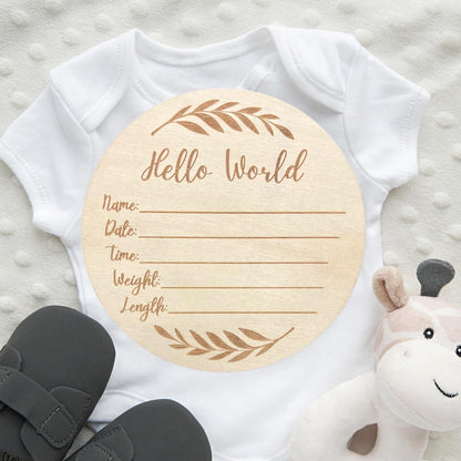 Wooden Baby Announcement Sign - "Hello World" 6-Inch, Perfect for Newborn Photography