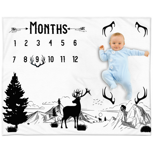 Deer-Themed Baby Boy Milestone Blanket - Comes with Felt Antler Marker, 50x40